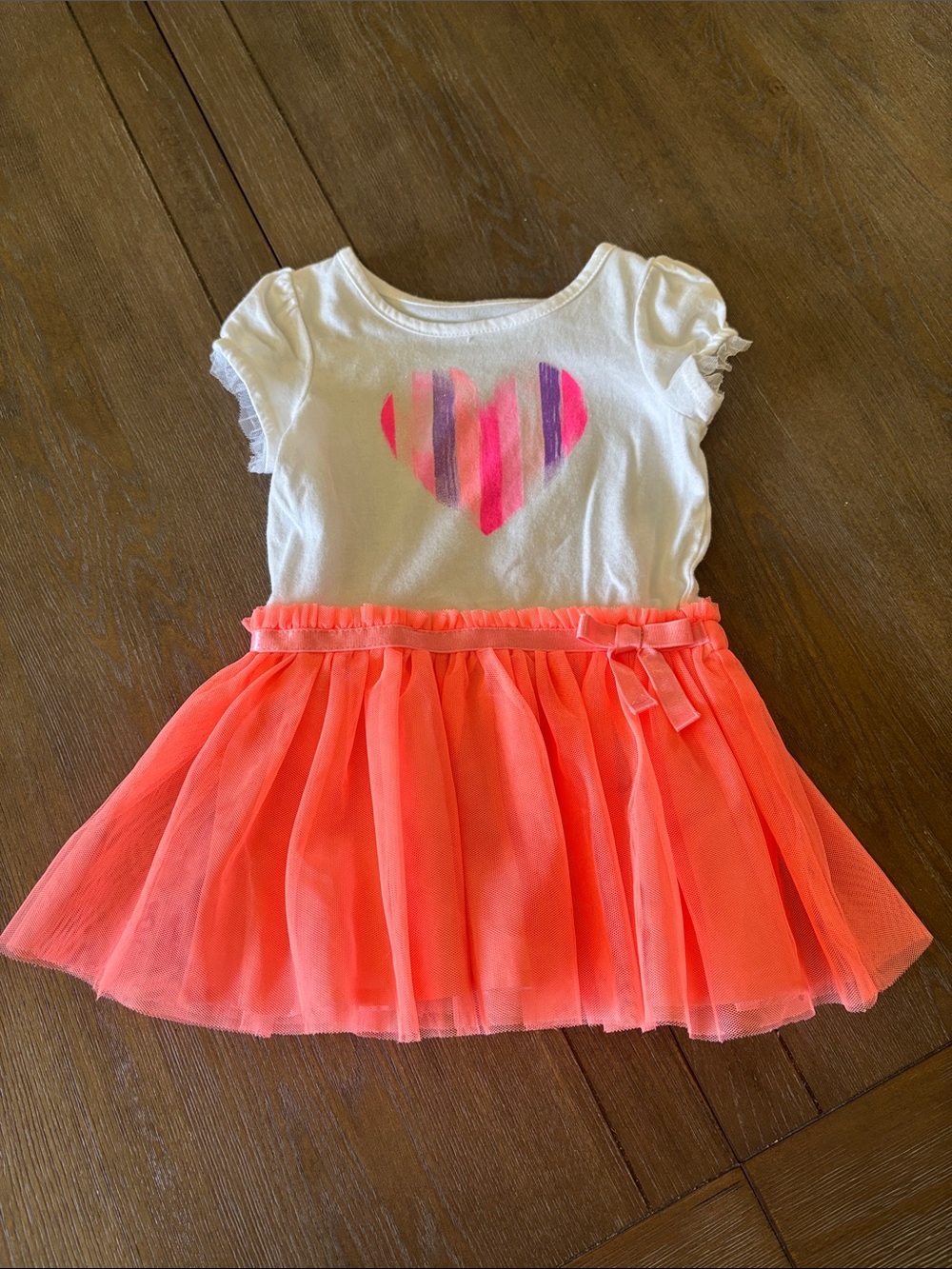 Cherokee White Top with Neon Coral Pink Tulle Skirt Girls Dress